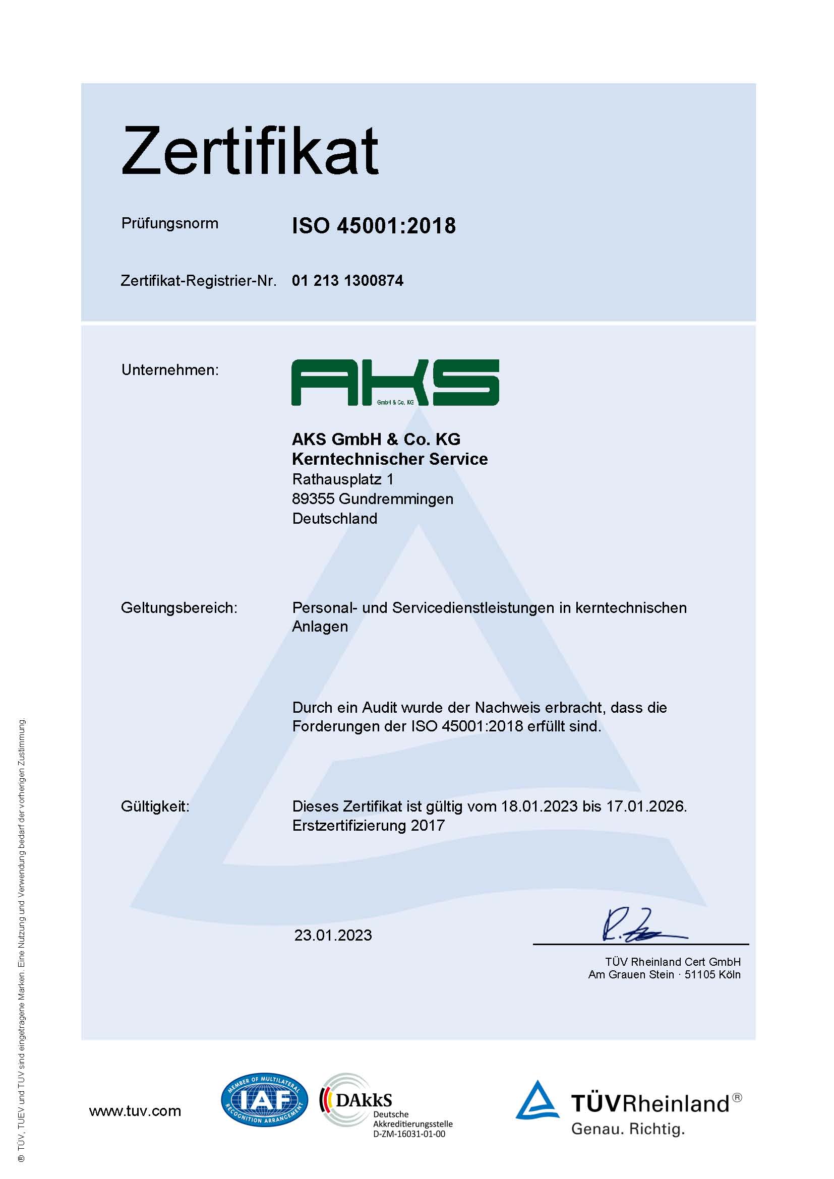 Zertifikat ISO 45001:2018